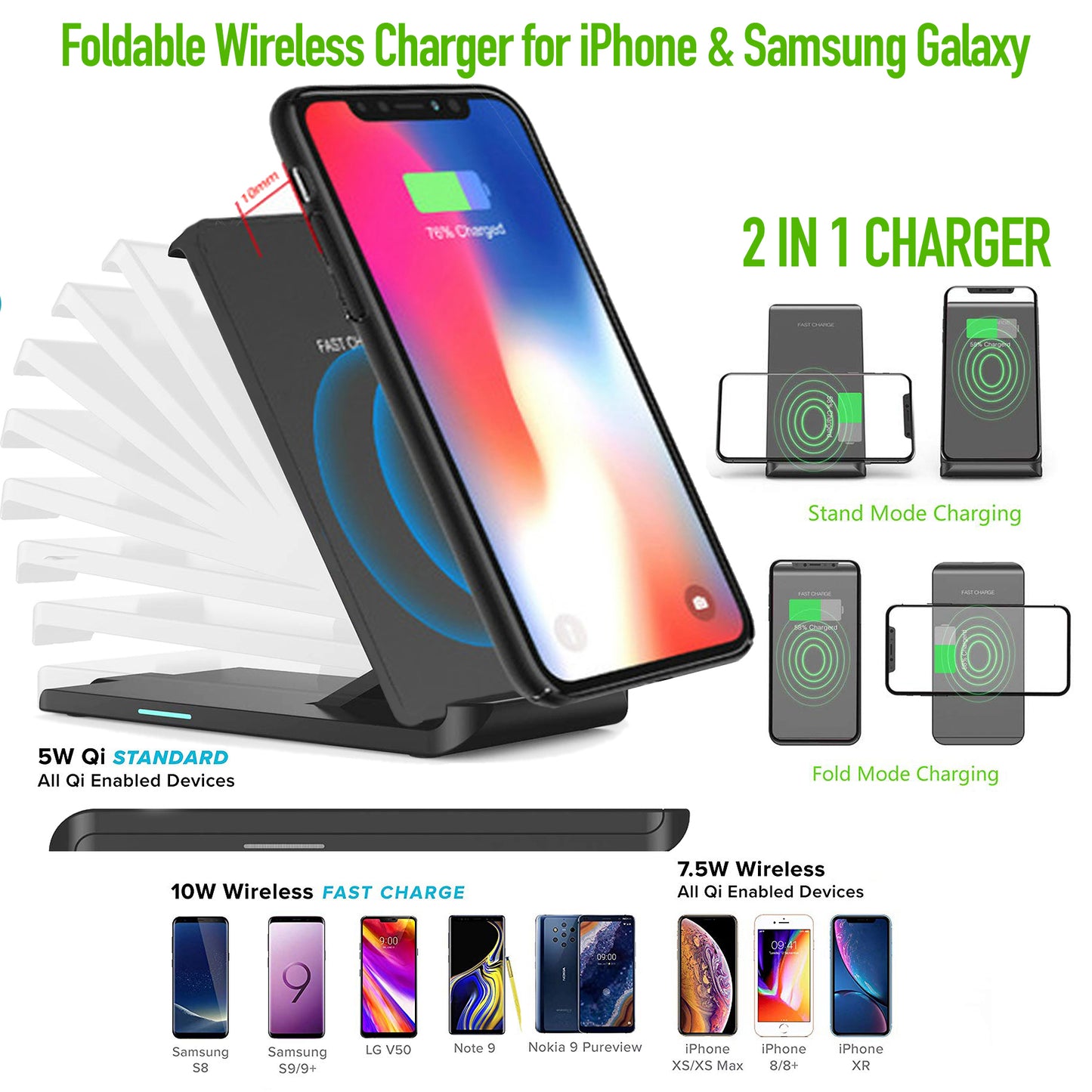 Wireless Charger Foldable Stand for iPhone & Samsung Phones