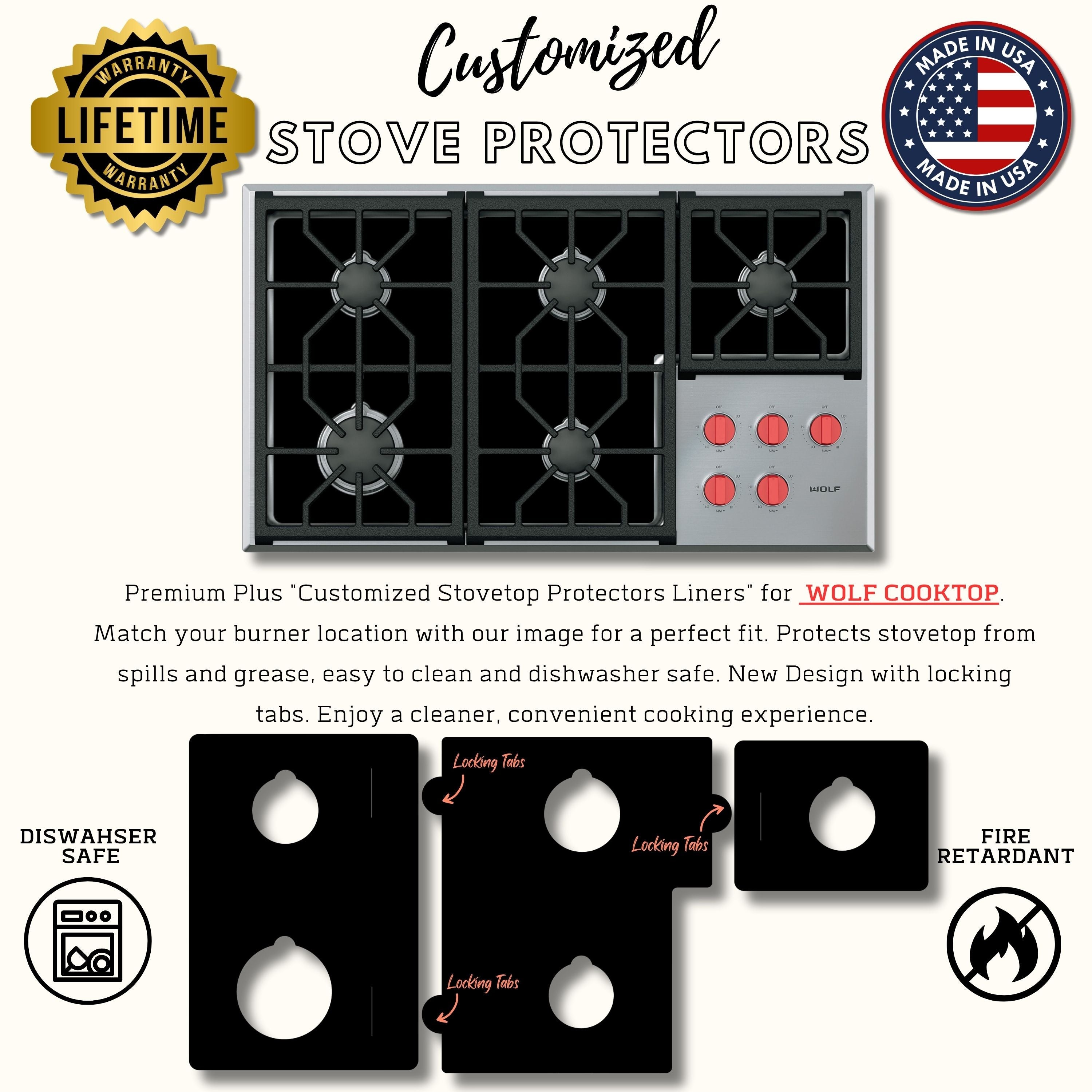 WOLF Protector Liners - Stove Top Protector for WOLF Gas Range and Cooktops- Customized - Easy Cleaning Stove Liners (FREE SHIPPING)